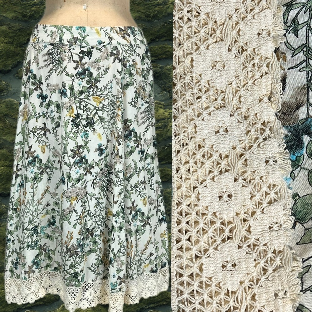 VINTAGE woodland forest earthy‎ midi skirt lace ruffle woodsy floral elastic 90s